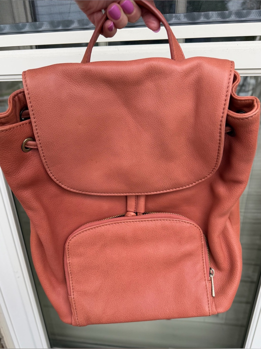 Super soft Genuine Leather Backpack Purse - Salmon/orange